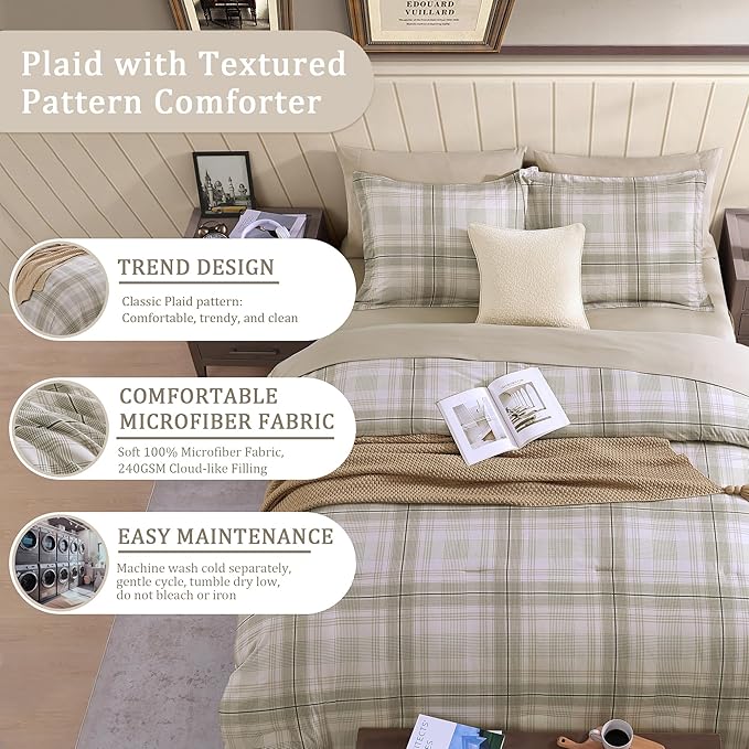 Beige Twin Comforter Set, Khaki Green Plaid Twin XL Comforter Set for Boys & Girls,Classic Homestead-style Twin Bed Set with Sheets and Comforter Set