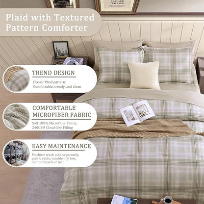 Beige Twin Comforter Set, Khaki Green Plaid Twin XL Comforter Set for Boys & Girls,Classic Homestead-style Twin Bed Set with Sheets and Comforter Set