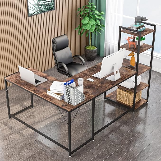 79 Inch Reversible L-Shaped Desk, Large Corner Computer Desk with 5 Tier Storage Shelves