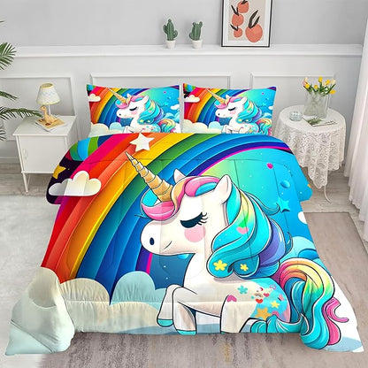 Unicorn Bedding Twin for Girls Rainbow Comforter Set for Kids Children Boys Teens Cartoon Unicorn Colorful Starry Blue Glitter Quilt 1 Comforter + 1 Pillow Case