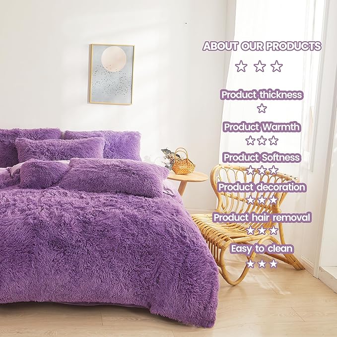 Fluffy dark purple comforters Cover twin size - Ultra Soft Plush red bedding Sets 2 Pieces (1 faux fur comforter Cover + 1 fuzzy pillow case) girls shaggy purple twin bed set (Dark purple, Twin)
