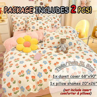 MorroMorn Twin Bedding Sets, Pink Tulips Floral Duvet Cover Set, Plush Fluffy Comforter Covers Lightweight Blanket Ultra Soft Cute for Girls Kids Toddler Teen Preppy Twin/Twin XL Size
