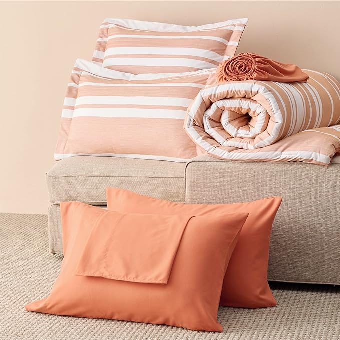 Bedsure Bed in a Bag Full Size 7 Pieces, Burnt Orange White Striped Bedding Comforter Sets All Season Bed Set, 2 Pillow Shams, Flat Sheet, Fitted Sheet and 2 Pillowcases