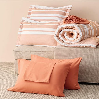 Bedsure Bed in a Bag Queen Size 7 Pieces, Burnt Orange White Striped Bedding Comforter Sets All Season Bed Set, 2 Pillow Shams, Flat Sheet, Fitted Sheet and 2 Pillowcases