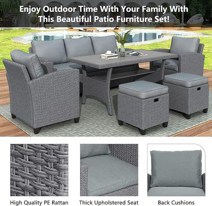 6-Piece Patio Furniture Set with Dining Table, Outdoor Garden Sectional Sofa, All-Weather Wicker Conversation Couch with Chairs, Stools and Cushions, Onesize, Gray Rattan