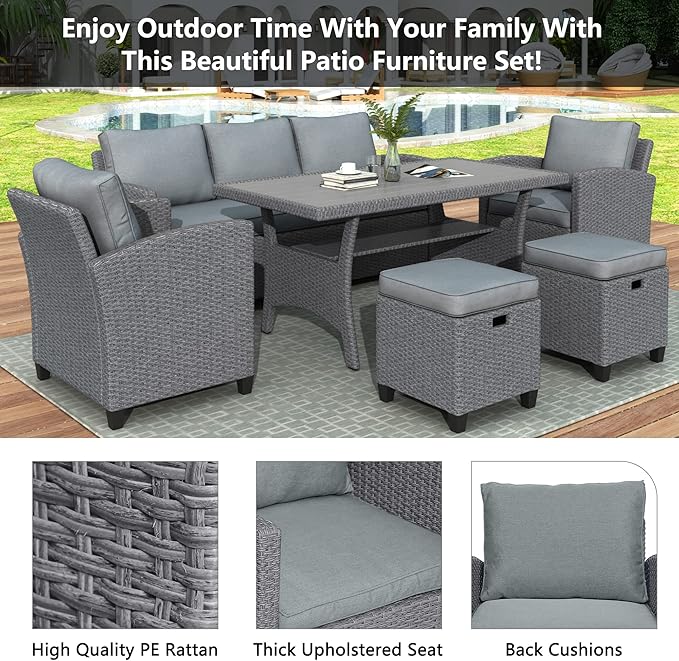 7 Pieces Patio Furniture Outdoor Sectional Sofa Conversation Set All Weather Wicker Rattan Couch Dining Table & Chair with Ottoman, OneSize, Cb-Grey