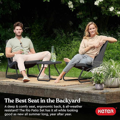 Keter Rio 3 Piece Resin Wicker Patio Furniture Set with Side Table and Outdoor Chairs, Dark Grey