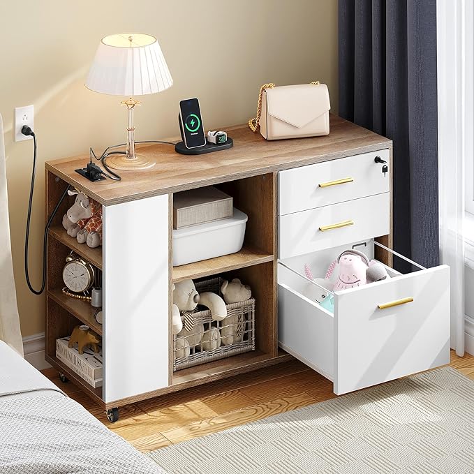 YITAHOME File Cabinet with Charging Station, Mobile Lateral Filing Cabinet with Lock for Home Office, Printer Stand with Open Storage Shelf, Fits A4, Letter, Legal Size Files, Grey Wash & White