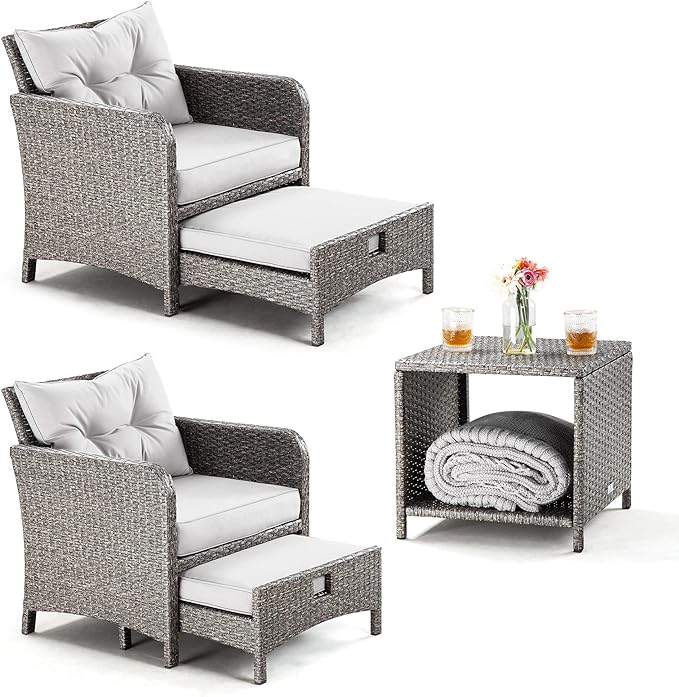 Pamapic 5 Pieces Outdoor Patio Wicker Chairs Set with Ottoman .Outside Conversation Furniture set with Cushions and Coffee for Balcony Porch Lawn Garden Table(Grey Cushion+Light Grey Rattan)