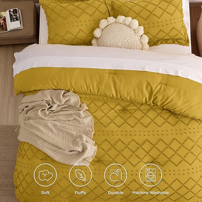 Bedsure Full Size Comforter Set - Mustard Yellow Comforter, Boho Tufted Shabby Chic Bedding Comforter Set, 3 Pieces Farmhouse Bed Set for All Seasons, Fluffy Soft Bedding Set with 2 Pillow Shams