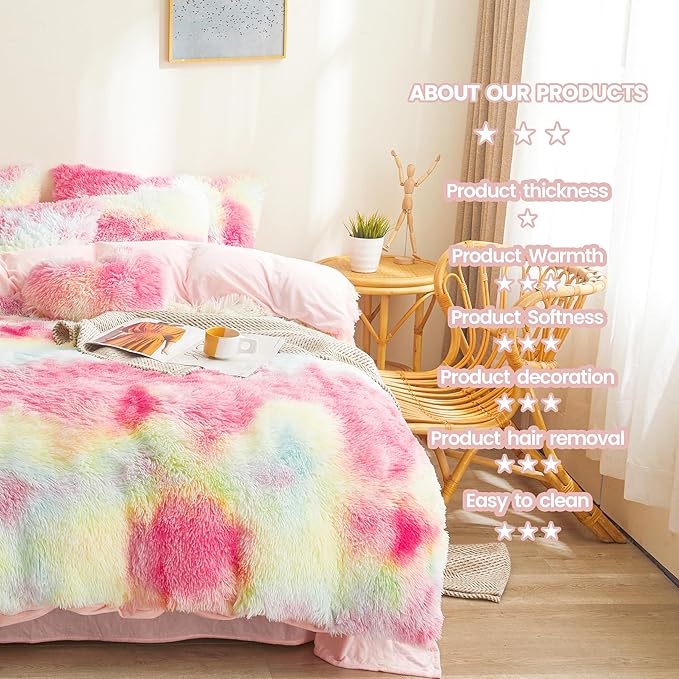 FOPPA Rainbow Plush Comforter Cover Set, 3 Pieces (Queen, Tie-Dye), Ultra Soft Faux Fur Bedding