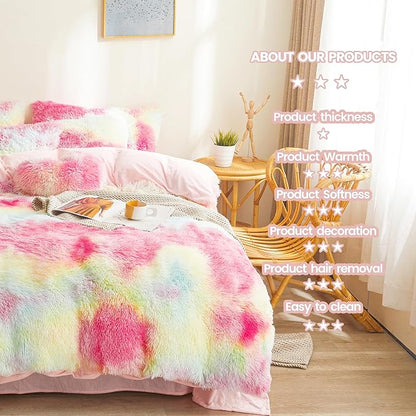 FOPPA Rainbow Plush Comforter Cover Set, 3 Pieces (Queen, Tie-Dye), Ultra Soft Faux Fur Bedding