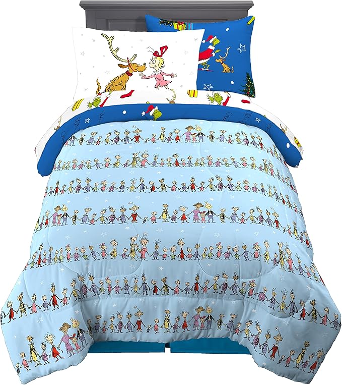 Franco Grinch by Dr. Seuss Holiday & Christmas Bedding Soft Comforter and Sheet Set with Sham, 5 Piece Twin Size, (Official Dr. Seuss Product)
