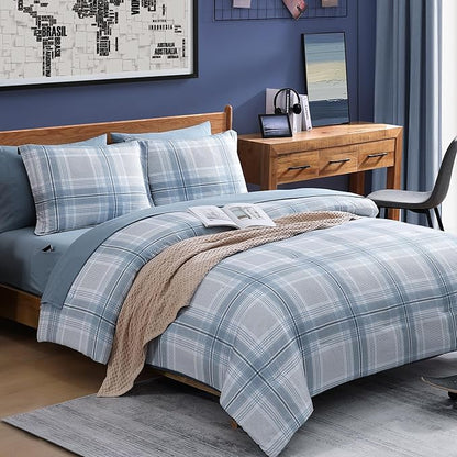 Light Blue Twin Bed Set, Plaid Twin XL Comforter Set for Boys & Girls,Classic Homestead-style Twin Comforter Set with Sheets and Comforter Set