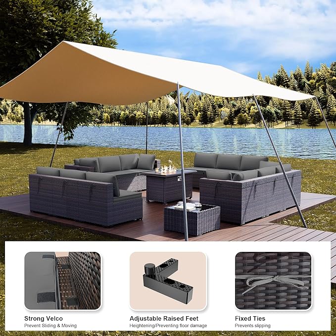 Kullavik 15PCS Outdoor Patio Furniture Set with 43" 55000BTU Gas Propane Fire Pit Table PE Wicker Rattan Sectional Sofa Patio Conversation Sets for Backyard,Grey Cushions