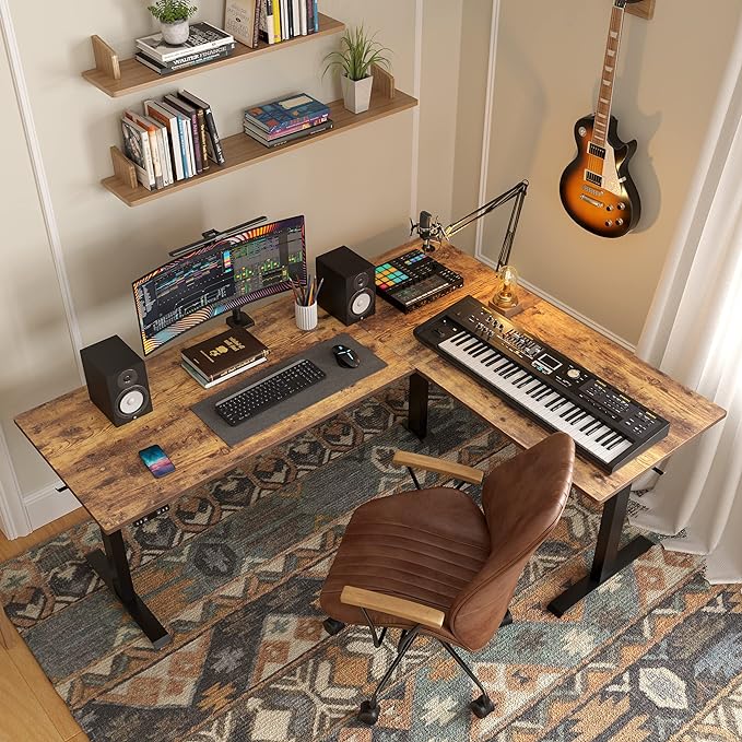 FEZIBO 75 Inches, Supports over 300mlbs, L Shaped Standing Desk Reversible, Electric Height Adjustable Corner Stand up Desk, Sit Stand Desk Computer Workstation, Black Frame/Rustic Brown Top