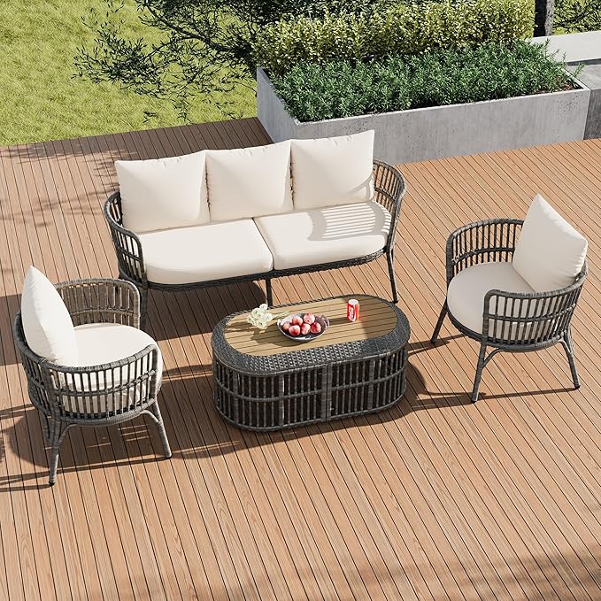 Furniture 4-Piece Outdoor Patio Conversation Seating for 5 Person and Coffee Table, Rattan Chair Wicker Sofa Bistro Sets for Porch, Backyard and Garden, Grey