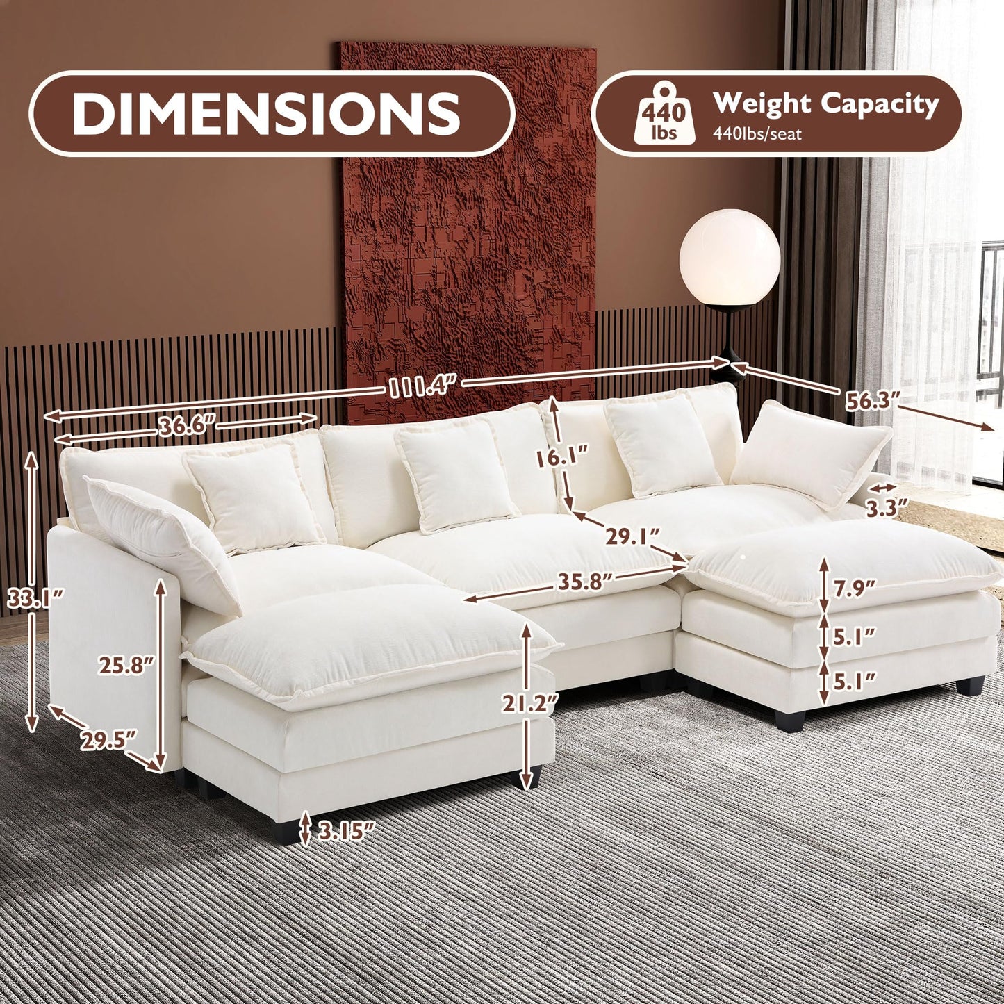 Ihanherry 111.4" L Shaped Modern Sofa Modular Sectional Cloud Couch with Ottoman, 4-Seat Chenille Deep Seat Sofa with Pillow for Living Room, Bedroom and Apartment, Beige