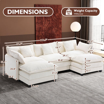 Ihanherry 111.4" L Shaped Modern Sofa Modular Sectional Cloud Couch with Ottoman, 4-Seat Chenille Deep Seat Sofa with Pillow for Living Room, Bedroom and Apartment, Beige