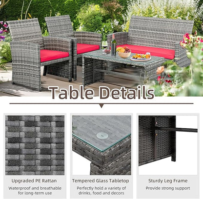 Shintenchi 4-Piece Outdoor Gray Wicker Patio Conversation Furniture Set, Rattan Patio Furniture Set with Weather Resistant Cushions and Tempered Glass Tabletop,Red