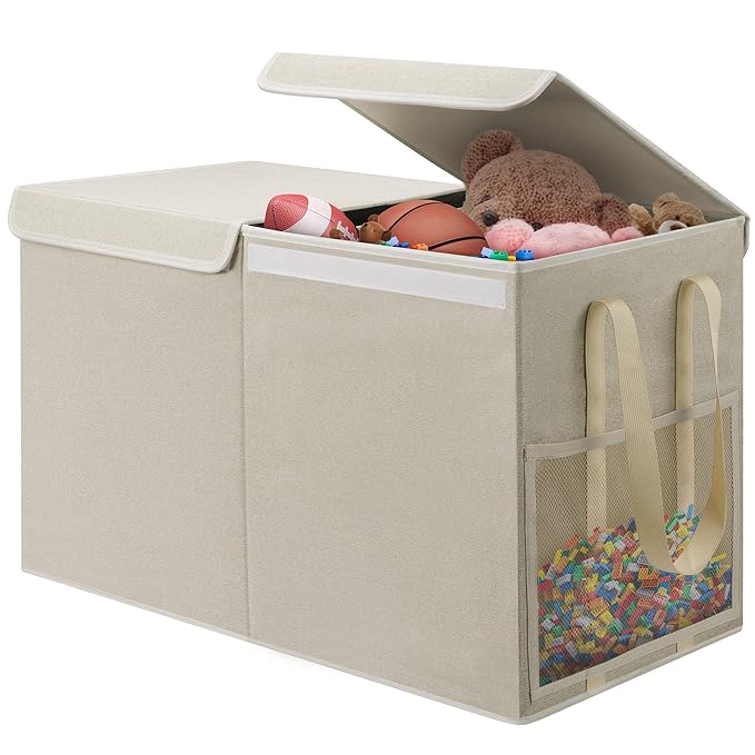 Large Toy Box for Boys Girls Toy Chest Kids Toy Storage Organizer Collapsible Toy Storage Bin Basket with Two Mesh Pockets for Nursery Playroom Bedroom Living Room Organization