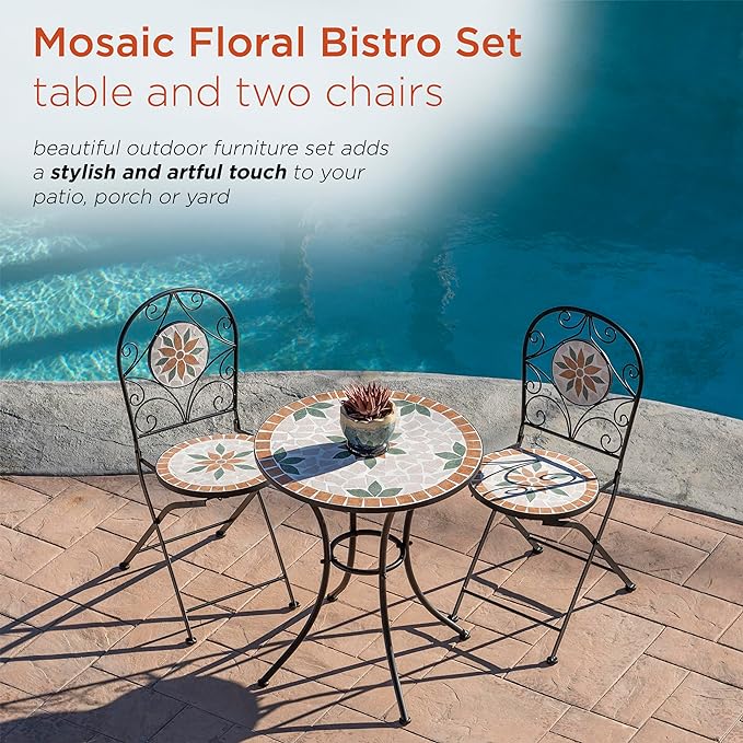 Alpine Corporation Indoor/Outdoor 3-Piece Mosaic Bistro Set Folding Table and Chairs Patio Seating, Tan