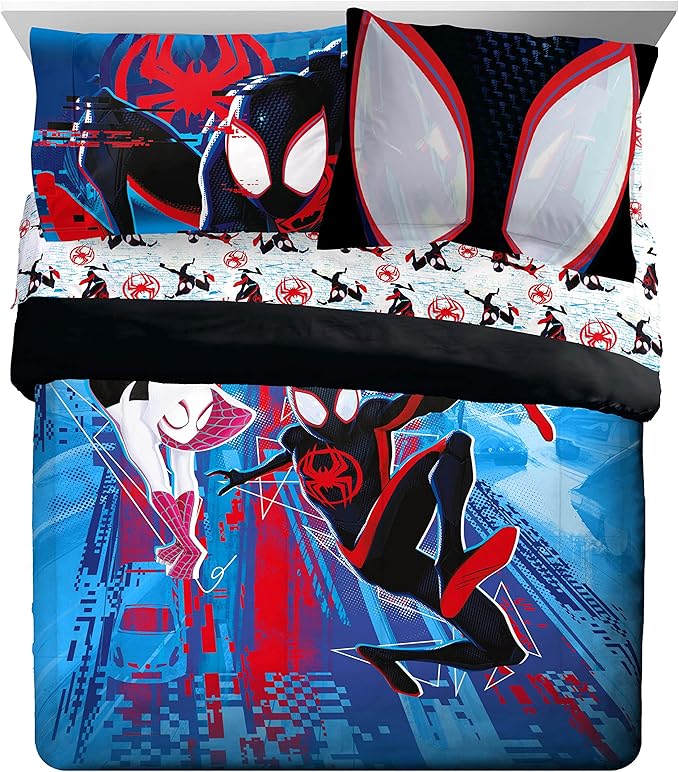 Marvel Spiderman Across The Spider-Verse Glitch 7 Piece Queen Size Bed Set - includes Comforter & Sheet Set Bedding - Super Soft Fade Resistant Microfiber (Official Product)