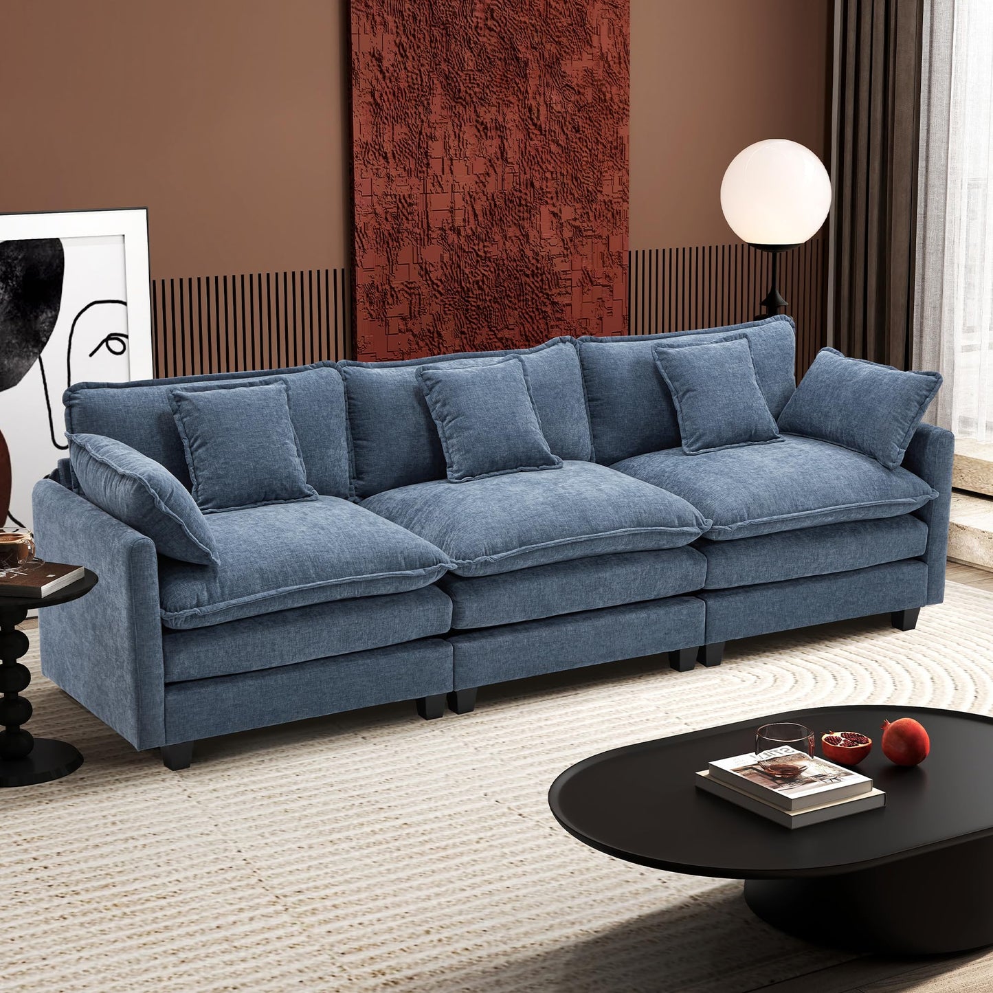 Ihanherry 111.4" L Shaped Modern Sofa Modular Sectional Cloud Couch with Ottoman, 4-Seat Chenille Deep Seat Sofa with Pillow for Living Room, Bedroom and Apartment, Beige