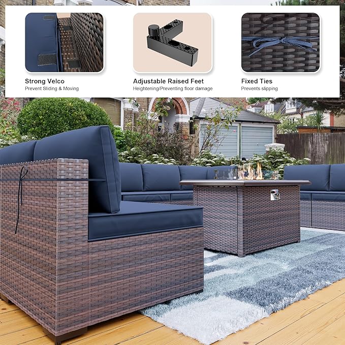 Kullavik 13PCS Outdoor Patio Furniture Set,PE Wicker Rattan Sectional Sofa Patio Conversation Sets with 43" 55000BTU Gas Propane Fire Pit Table,Swivel Rocking Chairs Set,Navy Blue