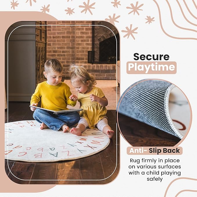 ABC Rug for Kids Room | 40 Inch Round Alphabet Rug with Capital and Lowercase Letters | ABC Boho Classroom Rug for Alphabet Learning
