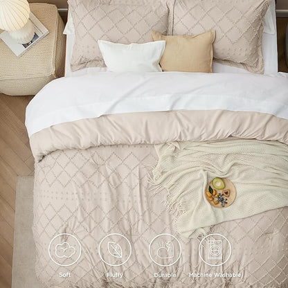 Bedsure King Size Comforter Set - Beige Comforter, Boho Tufted Shabby Chic Bedding Comforter Set, 3 Pieces Vintage Farmhouse Bed Set for All Seasons, Fluffy Soft Bedding Set with 2 Pillow Shams