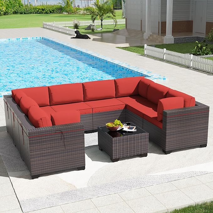 Kullavik 9PCS Outdoor Patio Furniture Set PE Wicker Rattan Sectional Sofa Patio Conversation Sets,Red