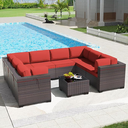 Kullavik 9PCS Outdoor Patio Furniture Set PE Wicker Rattan Sectional Sofa Patio Conversation Sets,Red