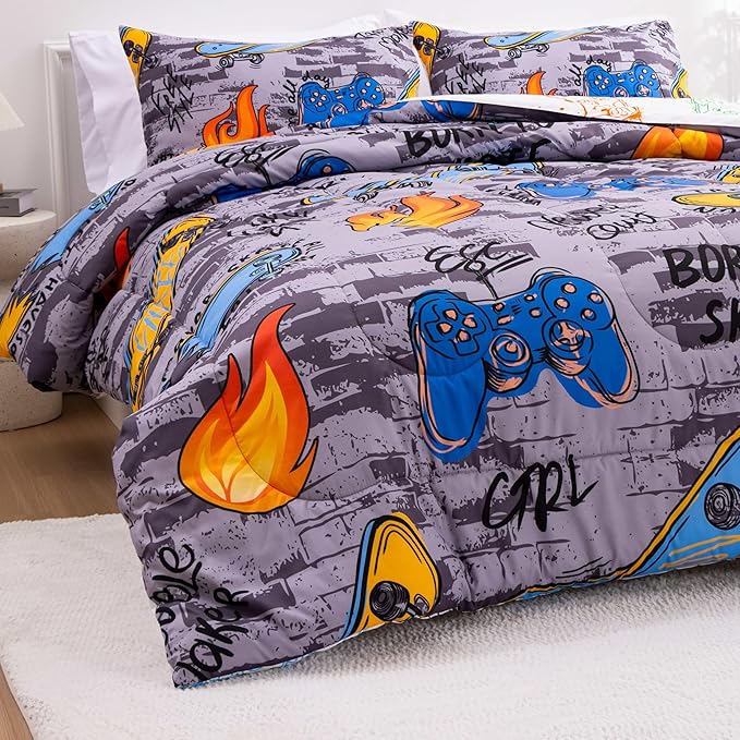 Btargot Gaming Stone Pattern Comforter Set for Boys Girls Kids, 3 Pieces Reversible Skateboard Game Console Flame Painting Bedding Set, Grey Full