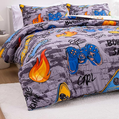 Btargot Gaming Stone Pattern Comforter Set for Boys Girls Kids, 3 Pieces Reversible Skateboard Game Console Flame Painting Bedding Set, Grey Full