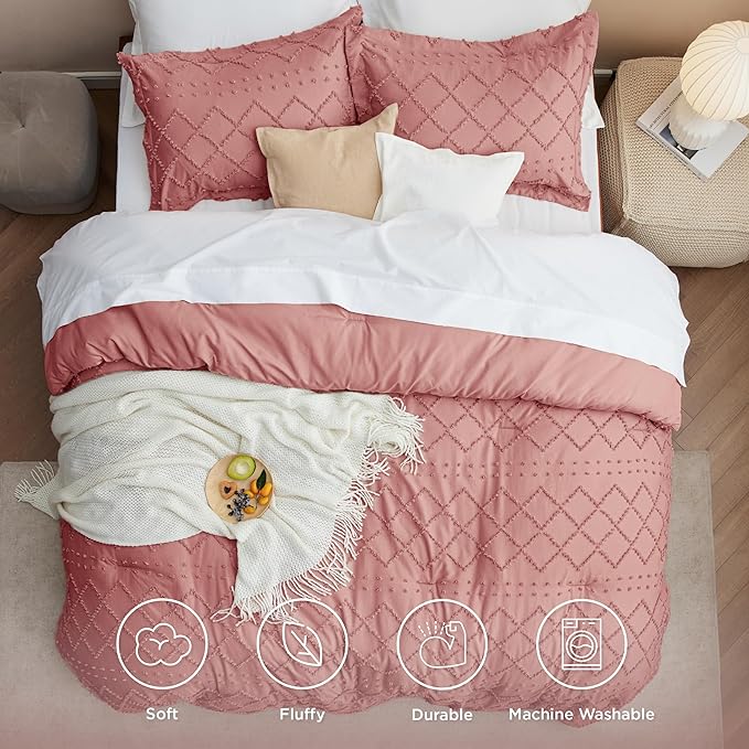 Bedsure King Size Comforter Set - Pink Clay Boho Comforter, Tufted Shabby Chic Bedding Comforter Set, 3 Pieces Vintage Farmhouse Bed Set for All Seasons, Fluffy Soft Bedding Set with 2 Pillow Shams
