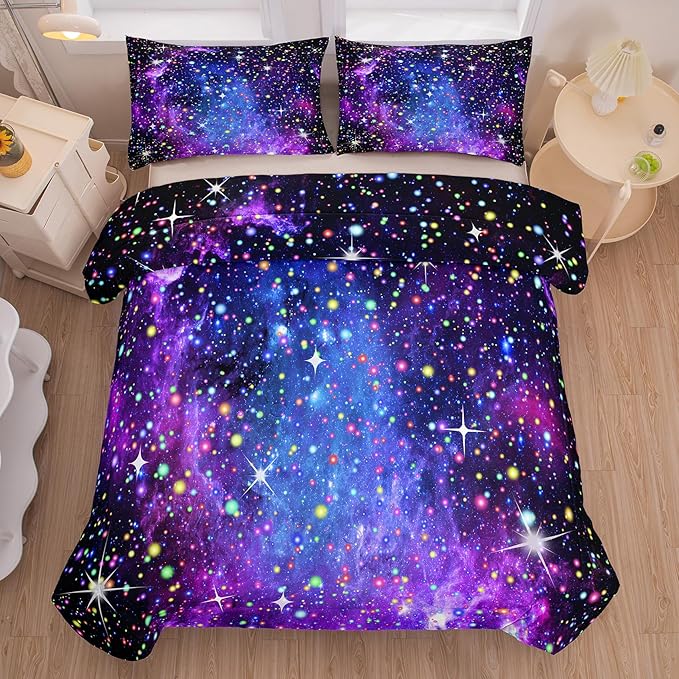 Kids Comforter Sets for Teen Girls, Purple Blue Galaxy Glitter Bedding Set for All Season, Purple Twin Bedding Sets for Kids Boys (Twin, 2 Pieces)