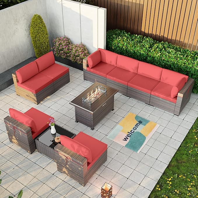 Kullavik 10 Pieces Outdoor Patio Furniture Set with 43" Gas Propane Fire Pit Table PE Wicker Rattan Sectional Sofa Patio Conversation Sets,Red