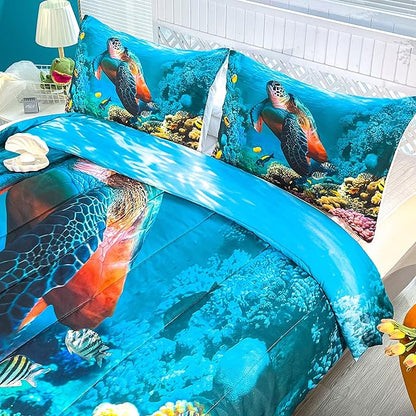 CVHOUSE Sea Turtle Bedding Set,Sea Turtle Comforter Twin,Ocean Beach Comforter Set for Boys Kids Girls,Ocean Quilt Set with 1 Comforter and 2 Pillow Cases