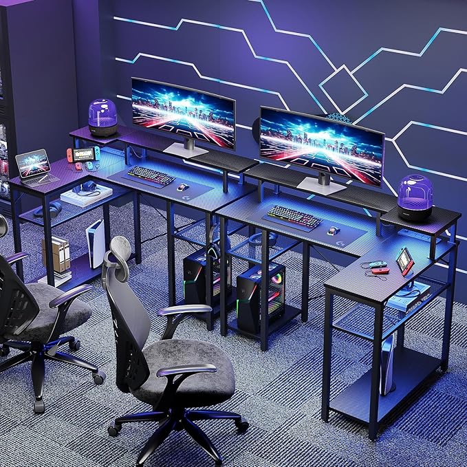 Gaming Desk with Power Outlets & Music Strip Lights, L-Shaped Desk with 2-Layer Storage on Both Sides, Large Monitor Stand for Office Home