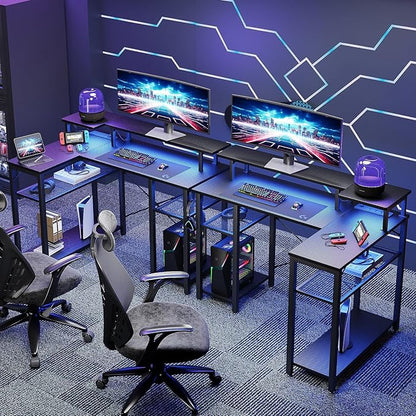 Gaming Desk with Power Outlets & Music Strip Lights, L-Shaped Desk with 2-Layer Storage on Both Sides, Large Monitor Stand for Office Home