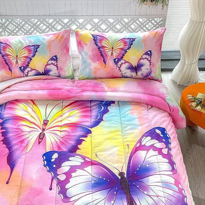CVHOUSE Butterfly Bedding Set,Butterfly Comforter Full,Butterfly Comforter Set for Girls Kids Teens,Butterflies Quilt Set with 1 Comforter and 2 Pillow Cases