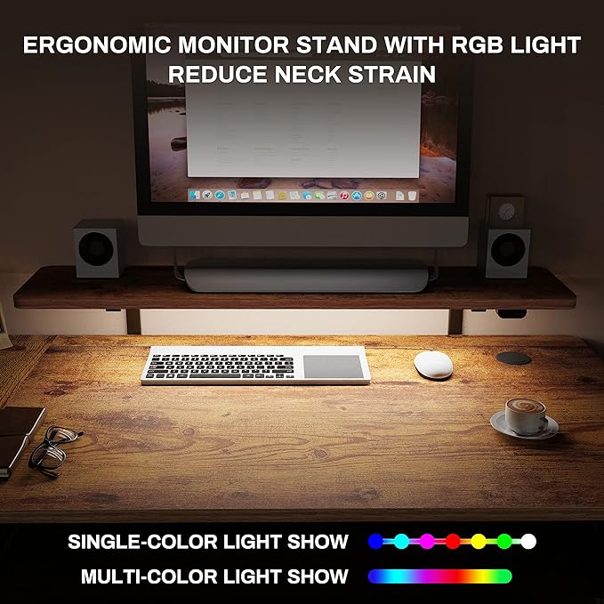 EUREKA ERGONOMIC Standing Desk with Keyboard Tray, Computer Desk, 61" L Shaped Electric Adjustable Height Desk w Monitor Stand LED, Corner Sit Stand Desk Gaming Desk, Dual Motor,Right/Rustic Brown