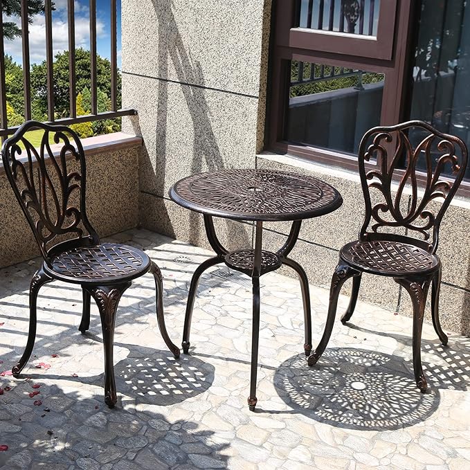 3 Piece Bistro Set,Outdoor Patio Set,Anti-Rust Cast Aluminum Bistro Table Set for Park Yard Front Porch Furniture(New Brown)…