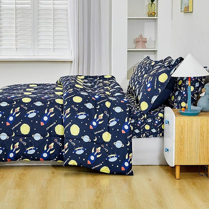 Mooreeke Bed in a Bag for Kids Boys Teens, 5 Pieces Twin Size Comforter Bed Set with Shams, Sheet Set, Space Planet Blue Black Super Soft Microfiber Kids Comforter Bedding Set