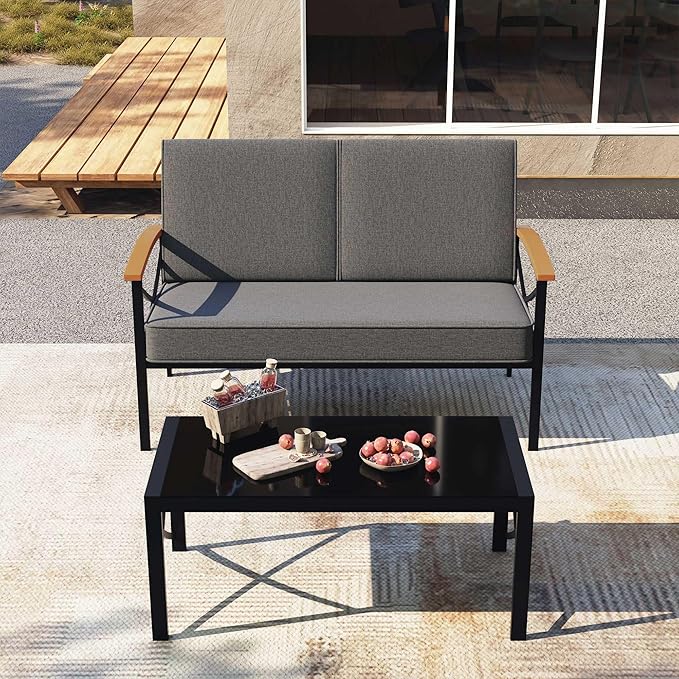 Shintenchi 2 Piece Outdoor Patio Furniture Set, Metal Sofa Chair Conversation Set, Including Loveseat and Coffee Table for Backyard, Patio, Balcony, Poolside (Dark Grey)