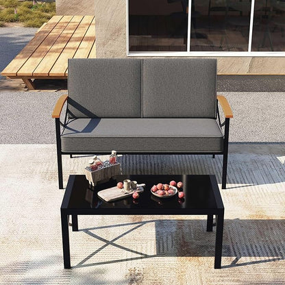 Shintenchi 2 Piece Outdoor Patio Furniture Set, Metal Sofa Chair Conversation Set, Including Loveseat and Coffee Table for Backyard, Patio, Balcony, Poolside (Dark Grey)