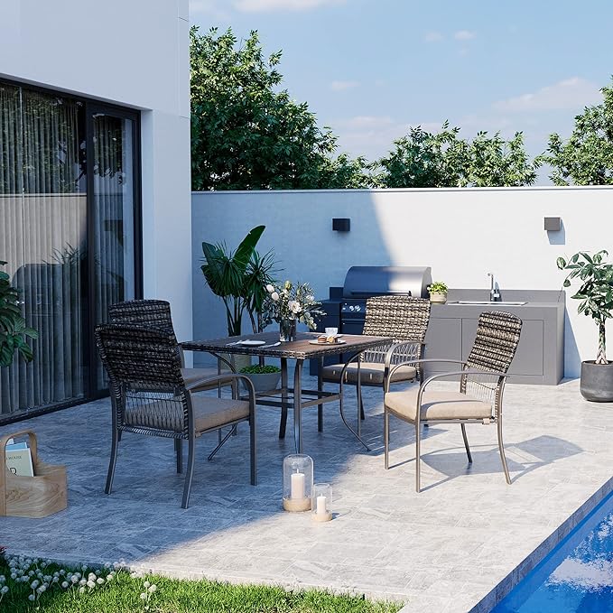 Pamapic Outdoor Piece Patio Dining Set, Weather Resistant PE Rattan Table and Chairs, Comfortable Cushions, Easy Maintenance, 5 PCS, Beige