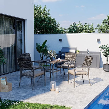Pamapic Outdoor Piece Patio Dining Set, Weather Resistant PE Rattan Table and Chairs, Comfortable Cushions, Easy Maintenance, 5 PCS, Beige