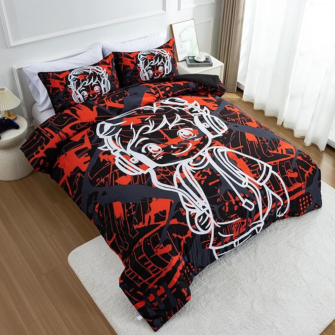 Btargot Colorful Camouflage Graffiti Style Comforter Set, 3 Piece Headphone Hip Hop Boy Line Pattern Bedding Set for Kids Boys Grils Teen, Twin Red